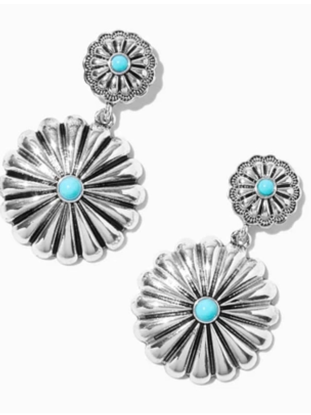 Silver-Tone Flower Earrings with Turquoise Centers - Picture 1 of 2